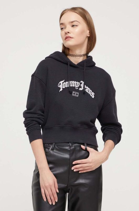 Бавовняна кофта Tommy Jeans жіноча колір чорний з капюшоном з аплікацією (3537302)