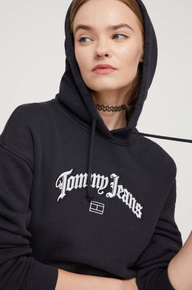 Бавовняна кофта Tommy Jeans жіноча колір чорний з капюшоном з аплікацією (3537302) фото 4