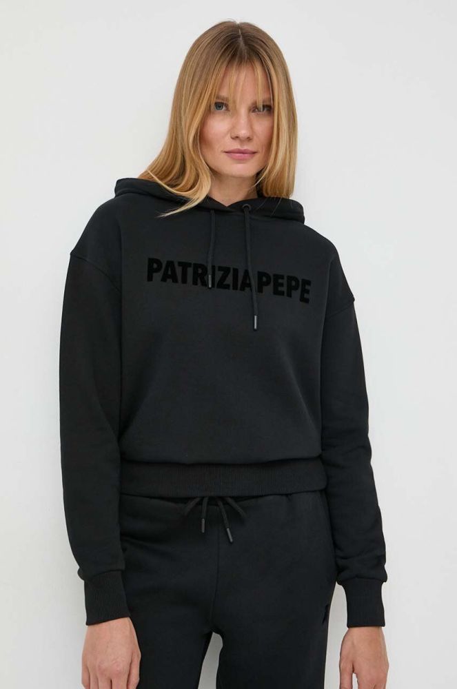 Бавовняна кофта Patrizia Pepe жіноча колір чорний з капюшоном з принтом