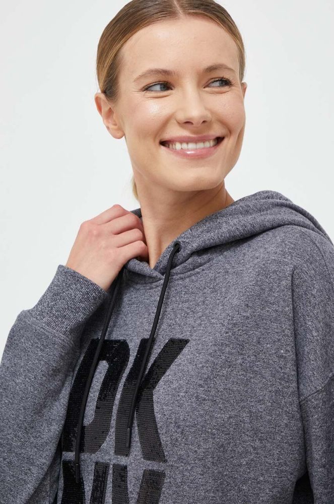 Кофта Dkny жіноча колір сірий з капюшоном з аплікацією