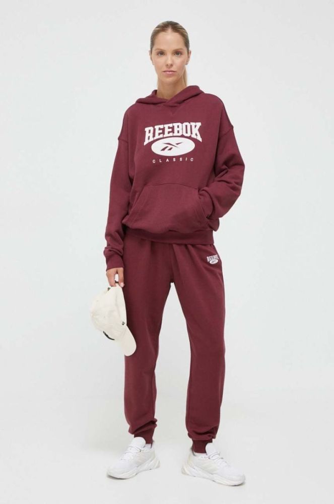 Бавовняна кофта Reebok Classic жіноча колір бордовий з капюшоном з аплікацією фото 2