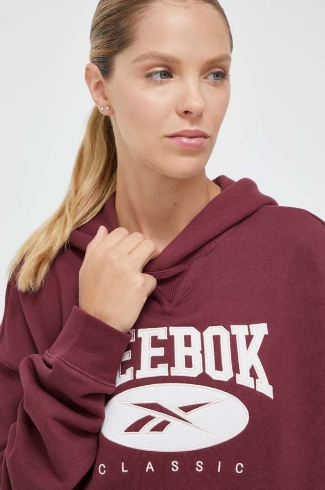 Бавовняна кофта Reebok Classic жіноча колір бордовий з капюшоном з аплікацією фото 4