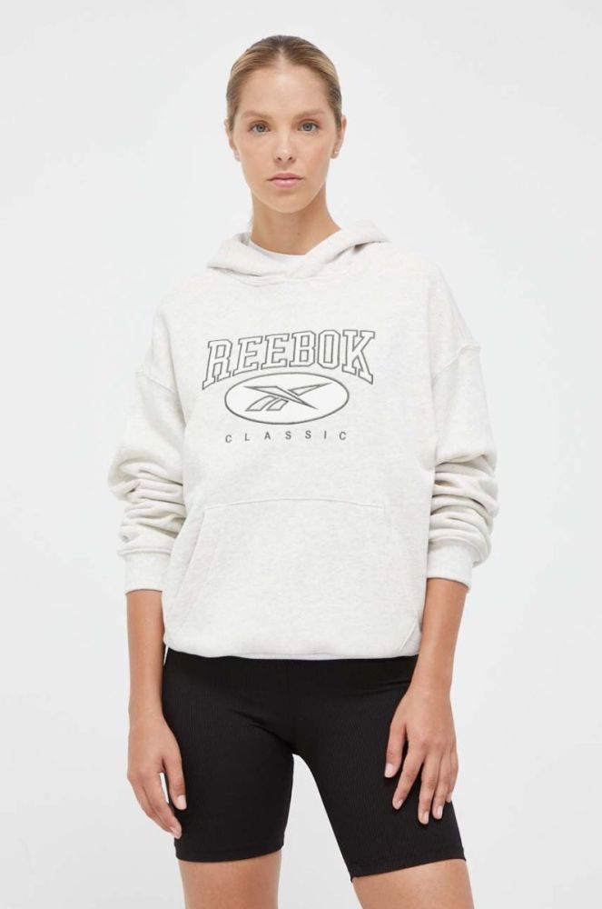 Бавовняна кофта Reebok Classic жіноча колір бежевий з капюшоном з аплікацією фото 4