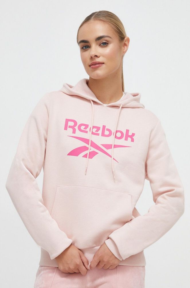 Кофта Reebok жіноча колір рожевий з капюшоном з принтом (3574245)