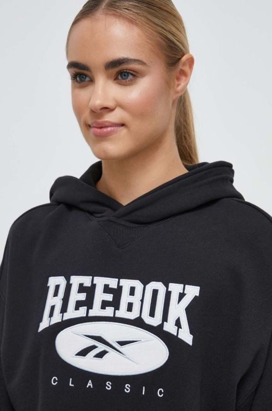 Бавовняна кофта Reebok Classic жіноча колір чорний з капюшоном з аплікацією фото 2