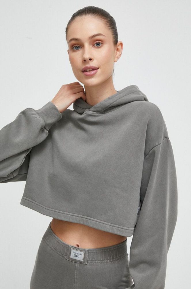 Кофта Reebok Classic жіноча колір сірий з капюшоном однотонна фото 4