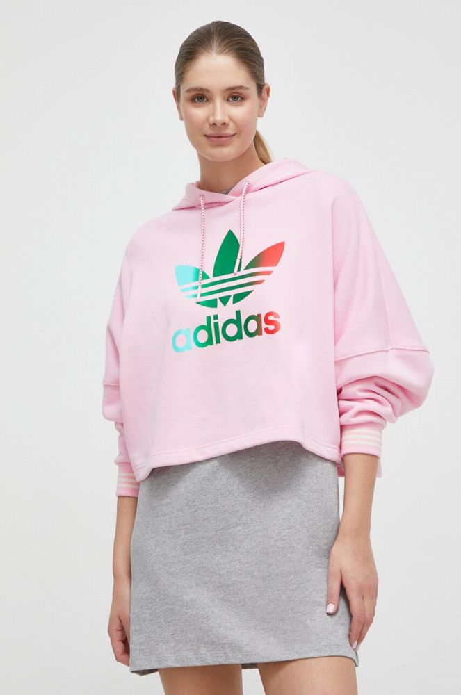 Бавовняна кофта adidas Originals жіноча колір рожевий з капюшоном з принтом (3634216)