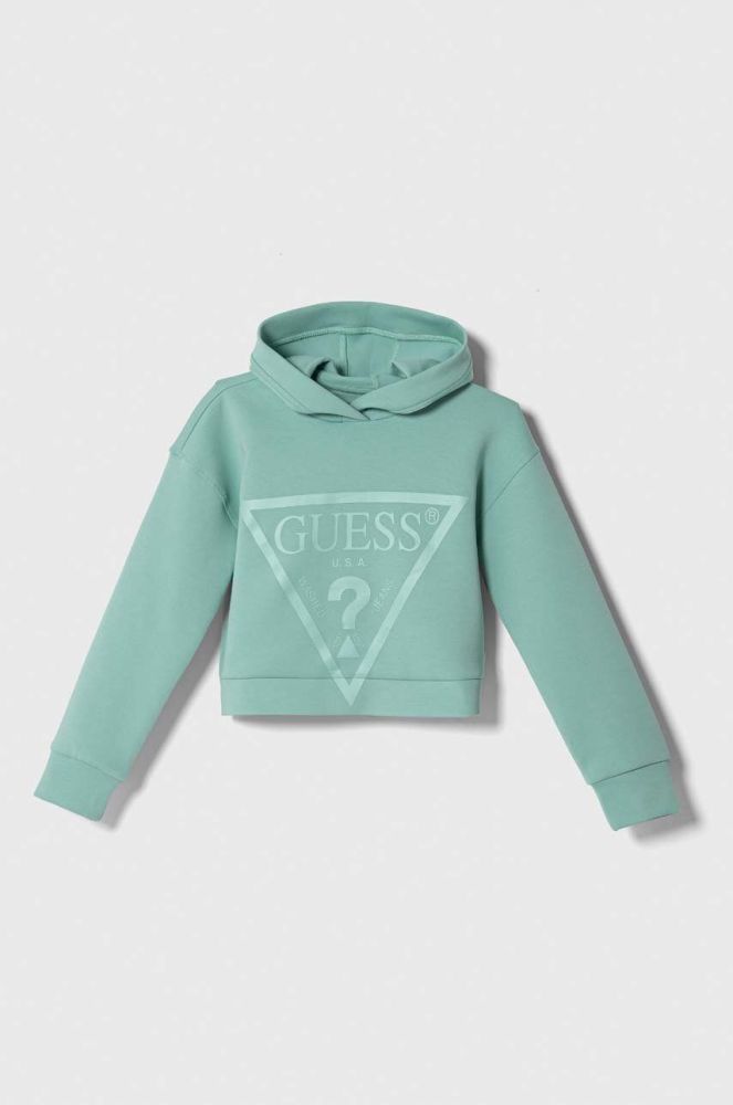 Дитяча кофта Guess колір бірюзовий з капюшоном з принтом