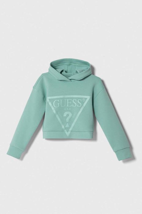 Дитяча кофта Guess колір бірюзовий з капюшоном з принтом