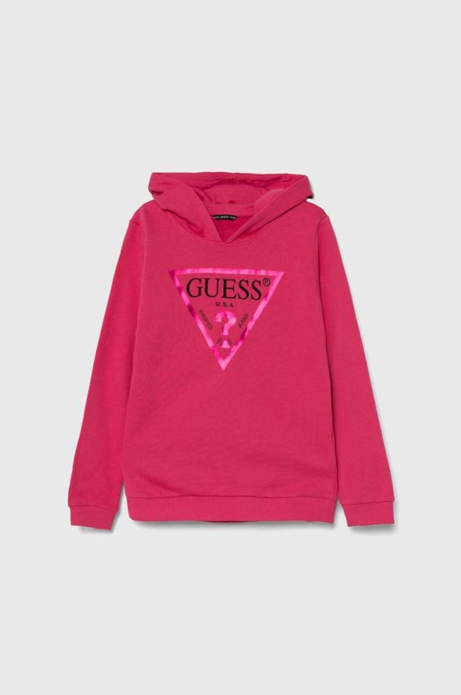 Дитяча бавовняна кофта Guess колір рожевий з капюшоном з принтом (3372512)