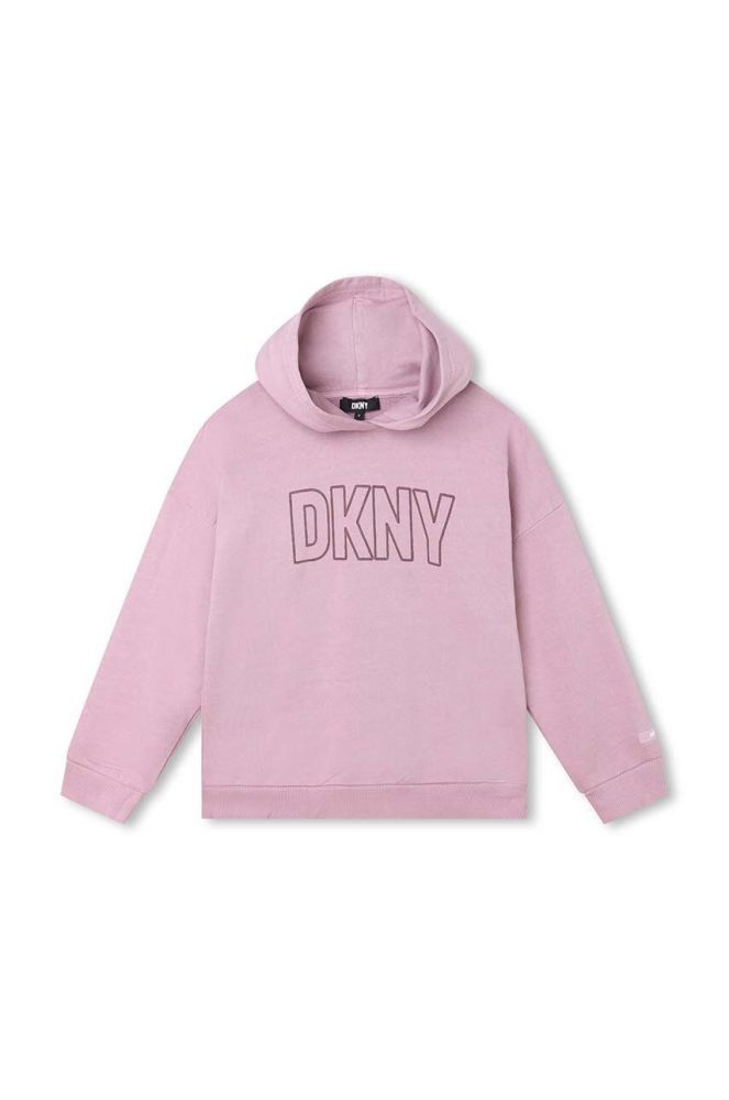 Дитяча бавовняна кофта Dkny колір фіолетовий з капюшоном з принтом (3413779)