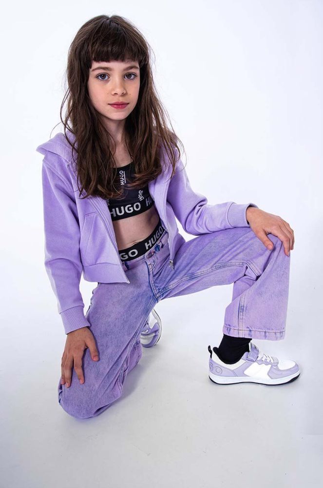 Дитяча кофта HUGO колір фіолетовий з капюшоном з принтом (3458185)