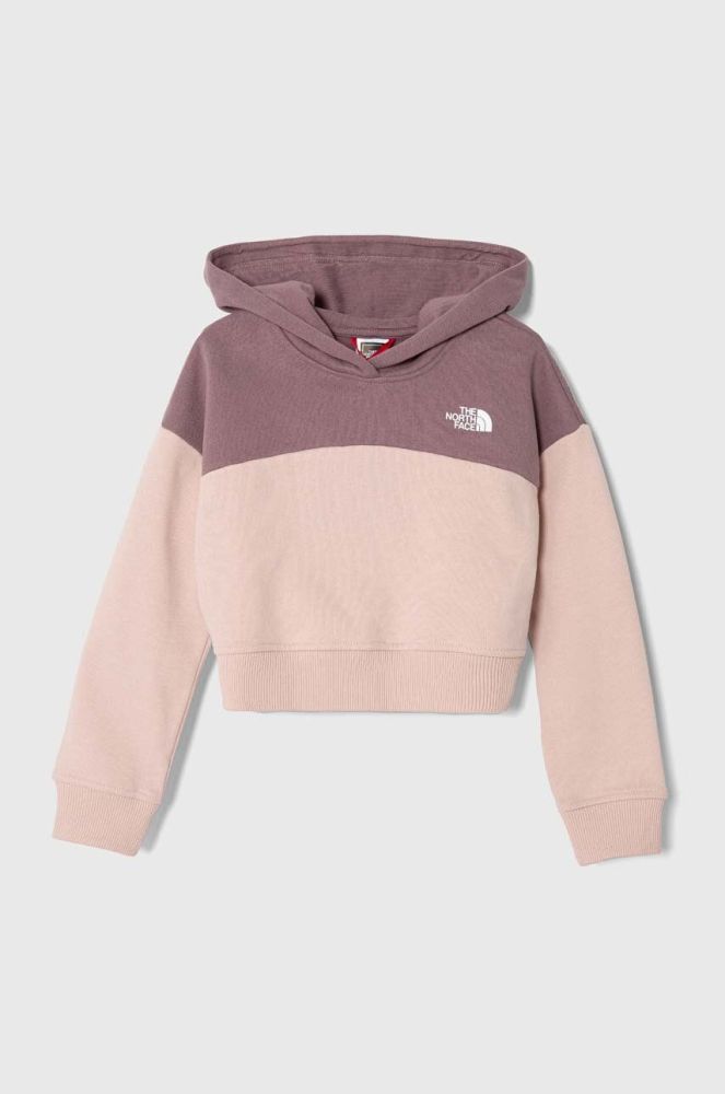 Дитяча бавовняна кофта The North Face G DREW PEAK CROP P/O HOODIE колір коричневий з капюшоном однотонна