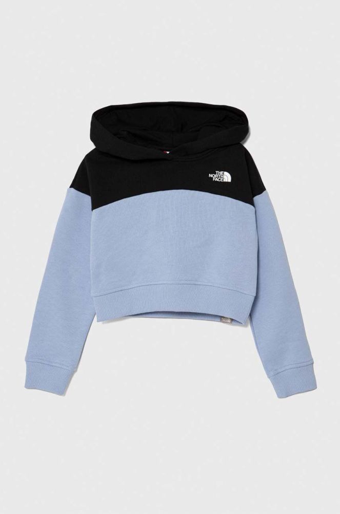 Дитяча бавовняна кофта The North Face G DREW PEAK CROP P/O HOODIE з капюшоном однотонна колір блакитний