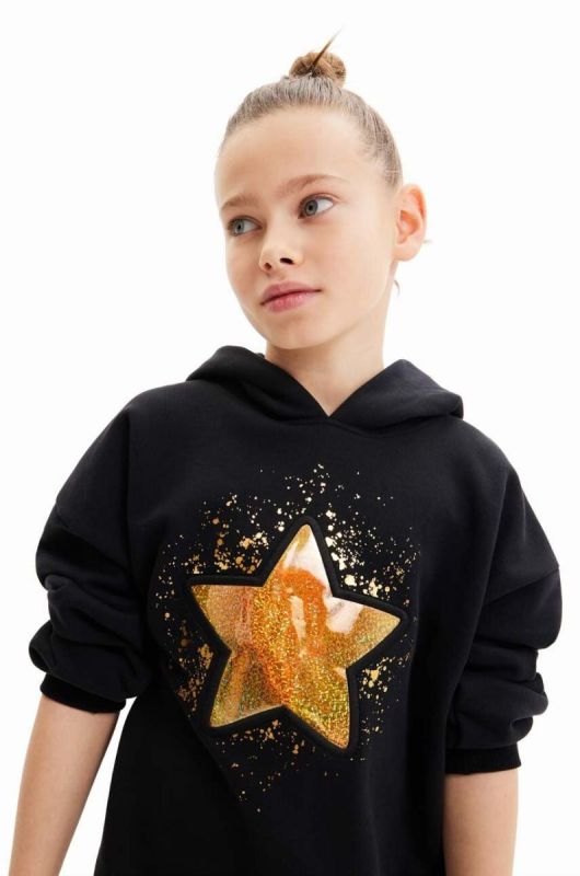 Дитяча бавовняна кофта Desigual колір чорний з капюшоном з аплікацією фото 2