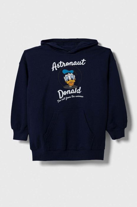 Дитяча бавовняна кофта United Colors of Benetton x Disney колір синій з капюшоном з принтом