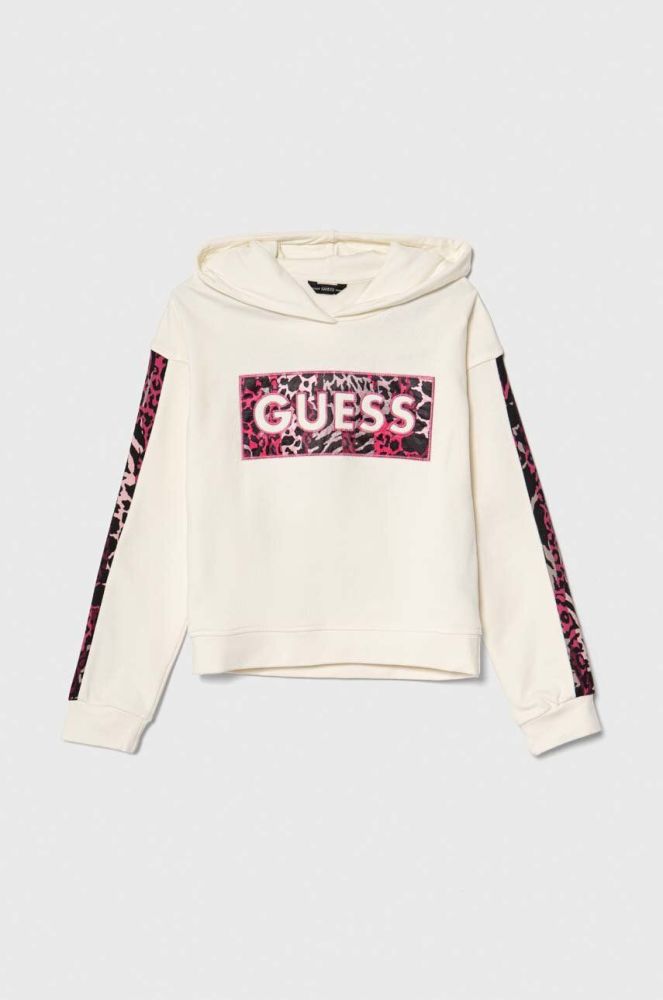 Дитяча бавовняна кофта Guess колір бежевий з капюшоном візерунок (3605415)