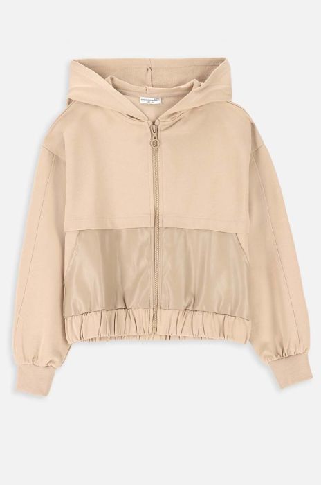Дитяча бавовняна кофта Coccodrillo колір бежевий з капюшоном однотонна