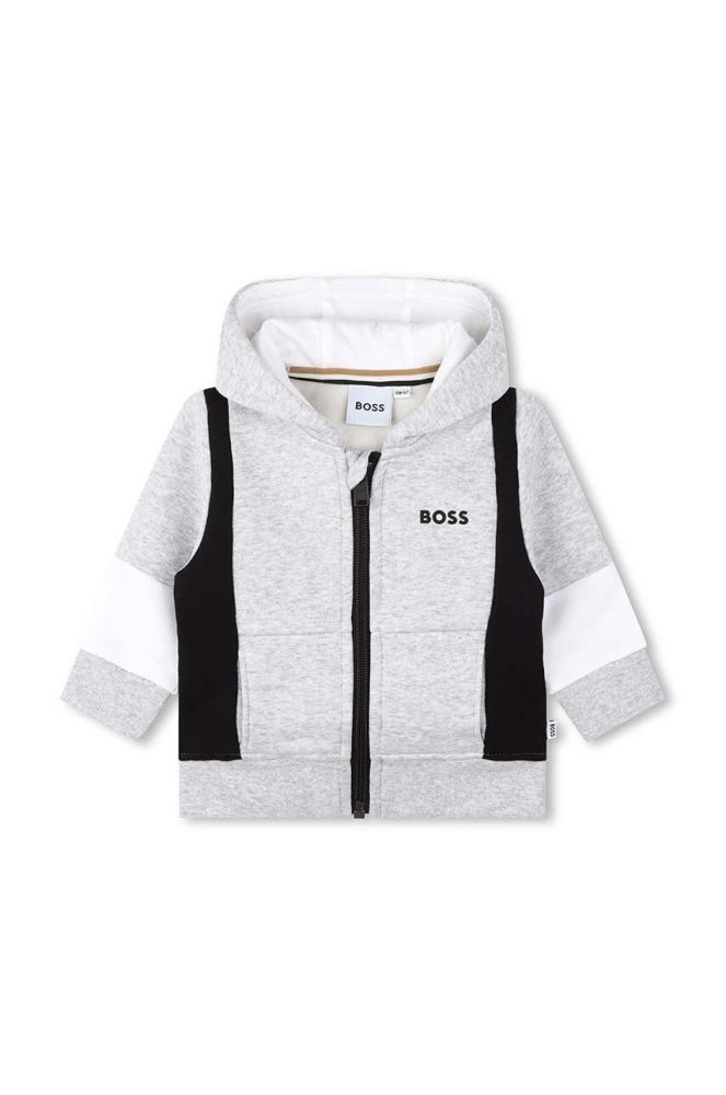 Кофта для немовлят BOSS колір сірий з капюшоном візерунок