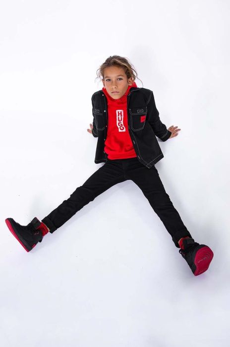 Дитяча кофта HUGO колір бежевий з капюшоном з принтом (3453624)