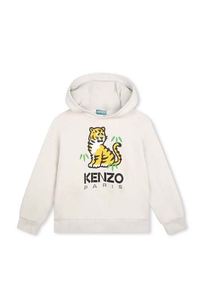 Дитяча бавовняна кофта Kenzo Kids колір бежевий з капюшоном з принтом (3453694)