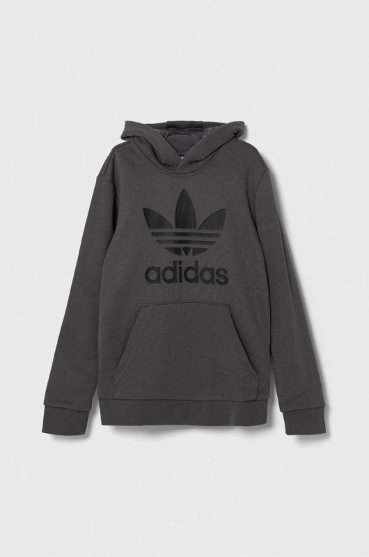 Дитяча кофта adidas Originals TREFOIL колір сірий з капюшоном з принтом фото 2