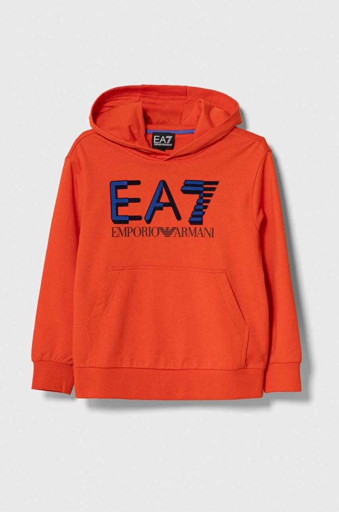 Дитяча бавовняна кофта EA7 Emporio Armani колір помаранчевий з капюшоном з принтом