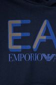Дитяча бавовняна кофта EA7 Emporio Armani колір синій з капюшоном з принтом