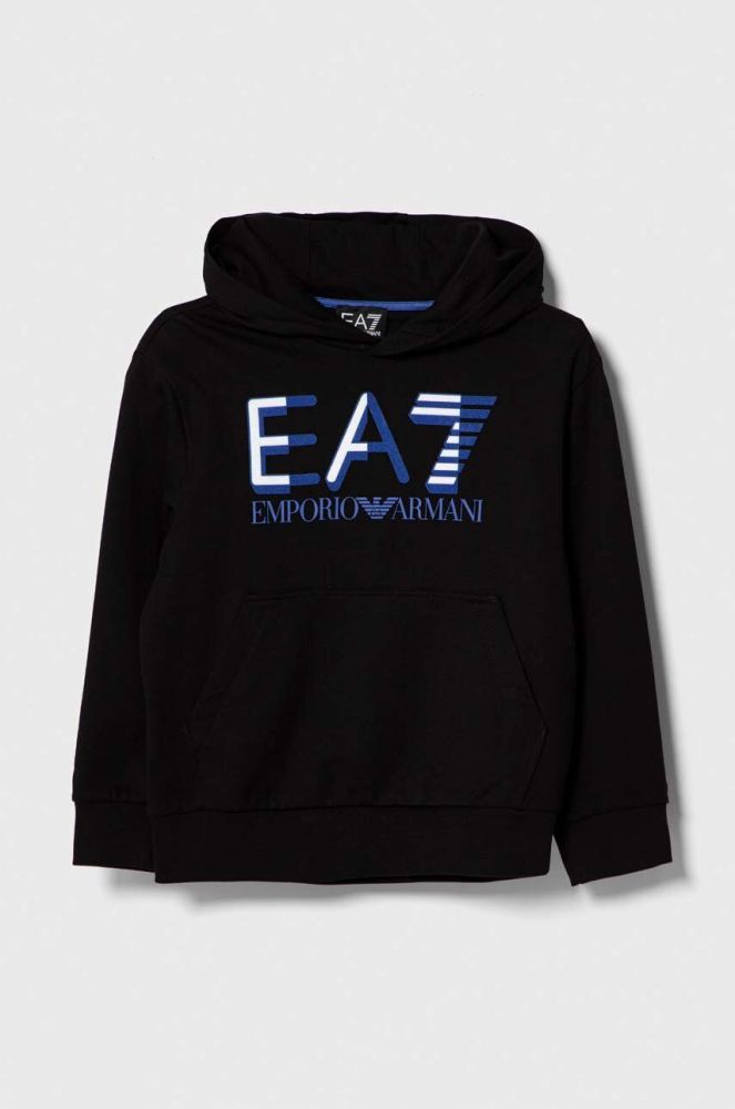 Дитяча бавовняна кофта EA7 Emporio Armani колір чорний з капюшоном з принтом (3381004)