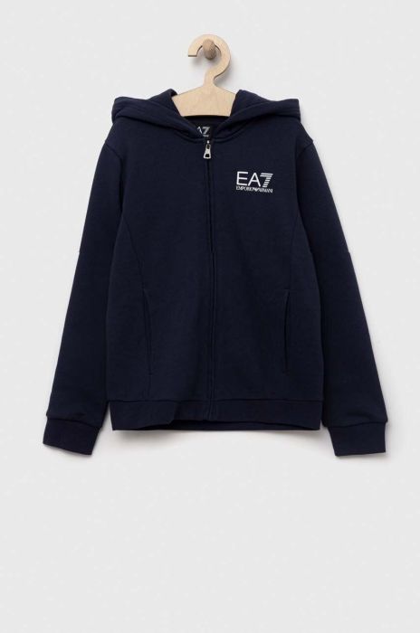 Дитяча кофта EA7 Emporio Armani колір синій з капюшоном однотонна Дитяча кофта EA7 Emporio Armani колір синій з капюшоном однотонна