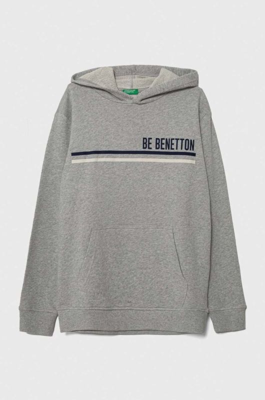 Дитяча бавовняна кофта United Colors of Benetton колір сірий з капюшоном візерунок (3390404)