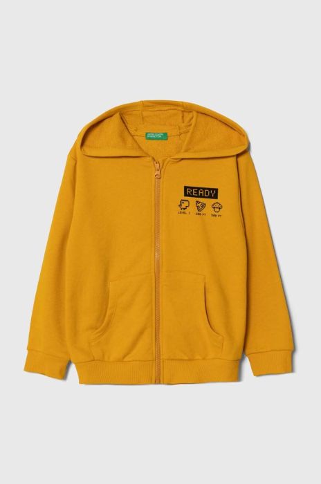 Дитяча кофта United Colors of Benetton колір жовтий з капюшоном з принтом Дитяча кофта United Colors of Benetton колір жовтий з капюшоном з принтом