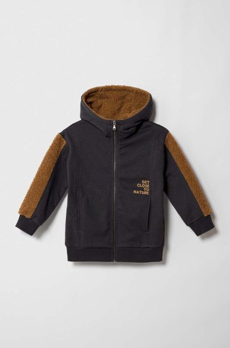 Дитяча кофта Sisley колір чорний з капюшоном візерунок Дитяча кофта Sisley колір чорний з капюшоном візерунок