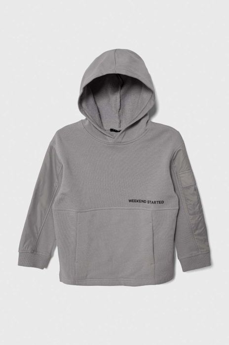 Дитяча бавовняна кофта Sisley колір сірий з капюшоном з принтом