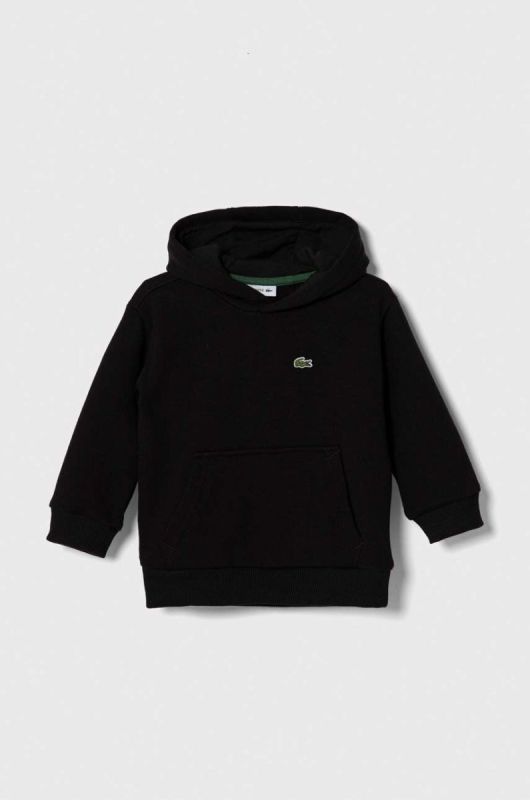 Дитяча кофта Lacoste колір чорний з капюшоном однотонна