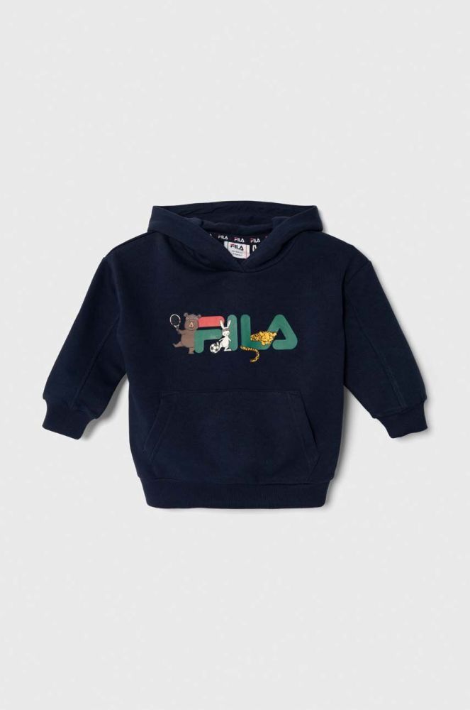 Дитяча кофта Fila TEMNITZQUELL hoody колір синій з капюшоном з принтом