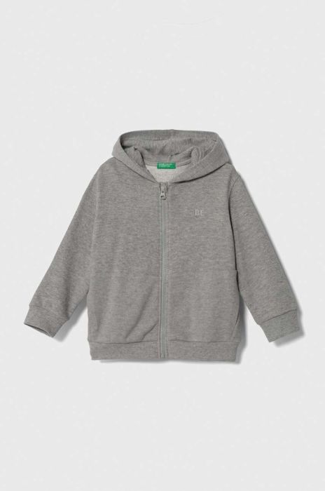 Дитяча бавовняна кофта United Colors of Benetton колір сірий з капюшоном меланж