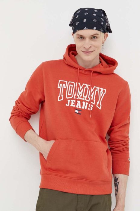Бавовняна кофта Tommy Jeans чоловіча колір помаранчевий з капюшоном з принтом