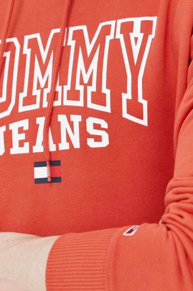 Бавовняна кофта Tommy Jeans чоловіча колір помаранчевий з капюшоном з принтом фото 5