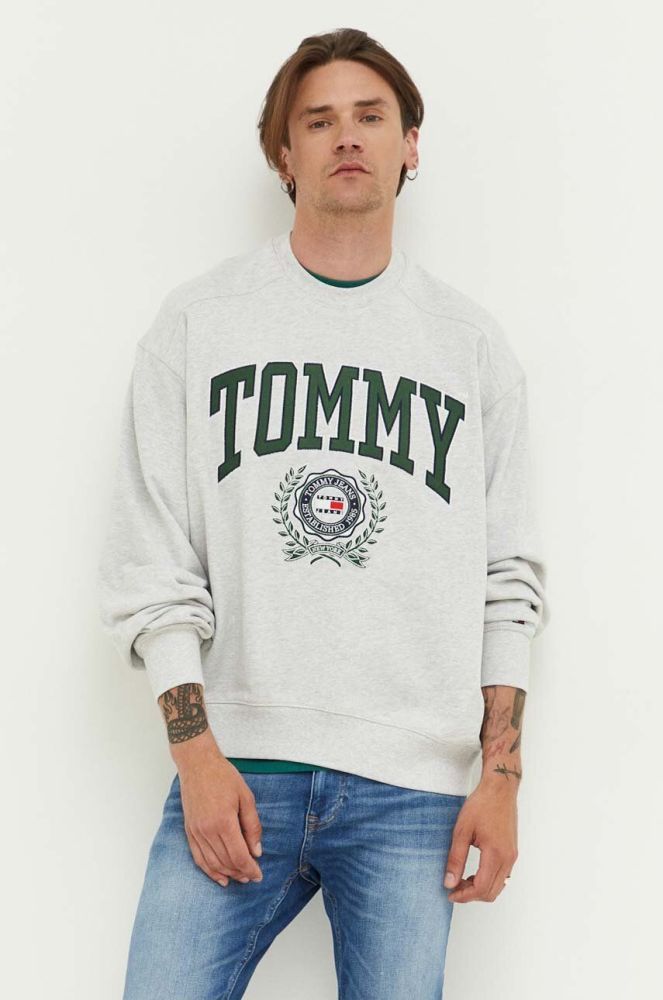 Бавовняна кофта Tommy Jeans чоловіча колір сірий з аплікацією