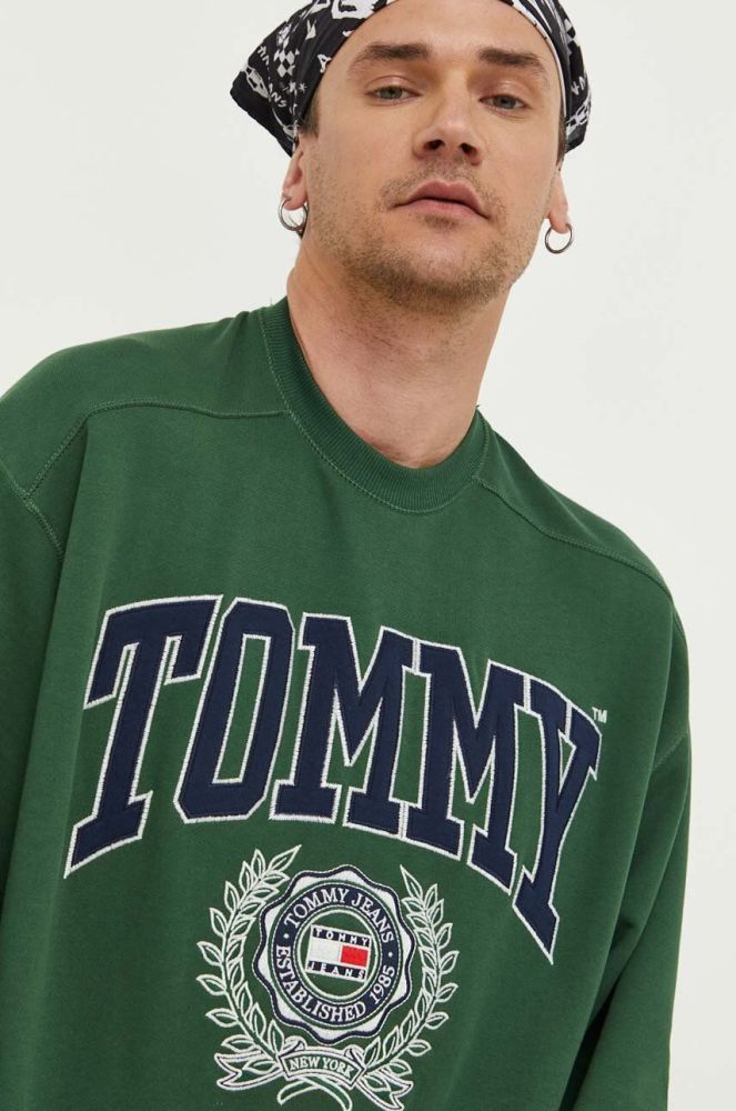 Бавовняна кофта Tommy Jeans чоловіча колір зелений з аплікацією (3321773)