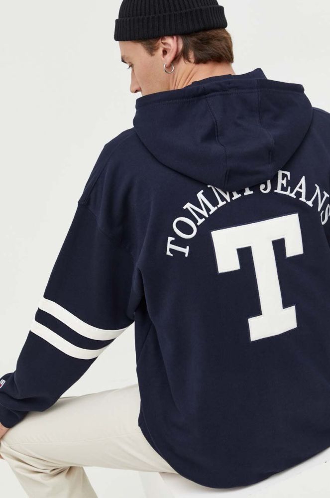 Бавовняна кофта Tommy Jeans чоловіча колір синій з капюшоном з аплікацією (3327548)