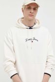 Бавовняна кофта Tommy Jeans чоловіча колір бежевий з капюшоном однотонна