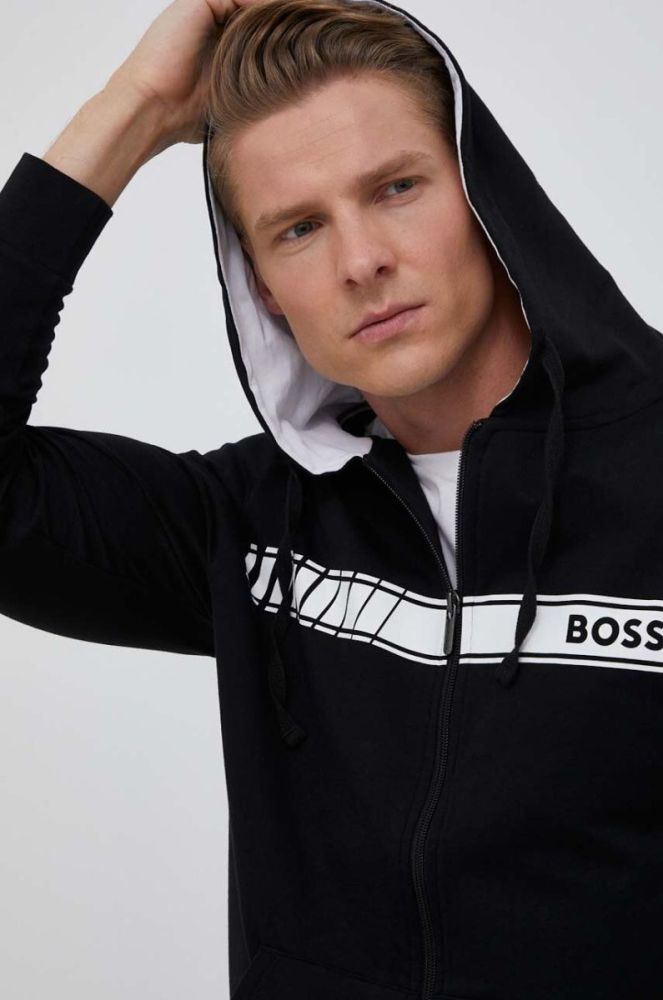 Бавовняна кофта BOSS чоловіча колір чорний з капюшоном з принтом (3353881) фото 4