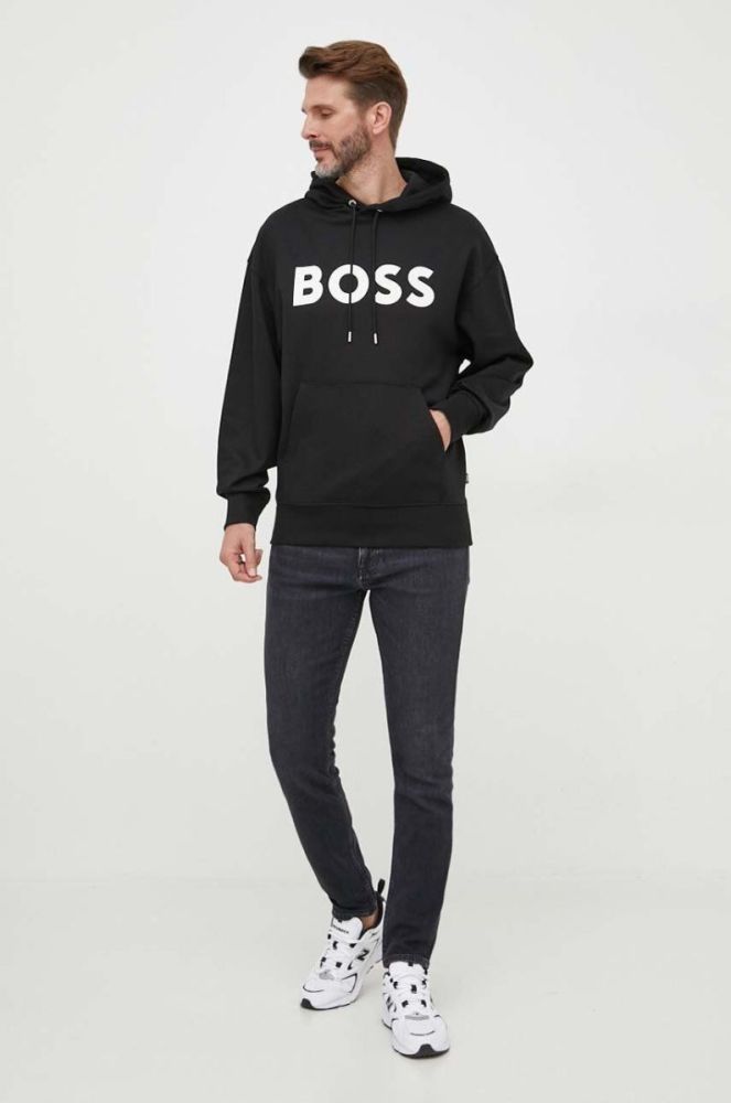 Бавовняна кофта BOSS чоловіча колір чорний з капюшоном з принтом (3353951) фото 2