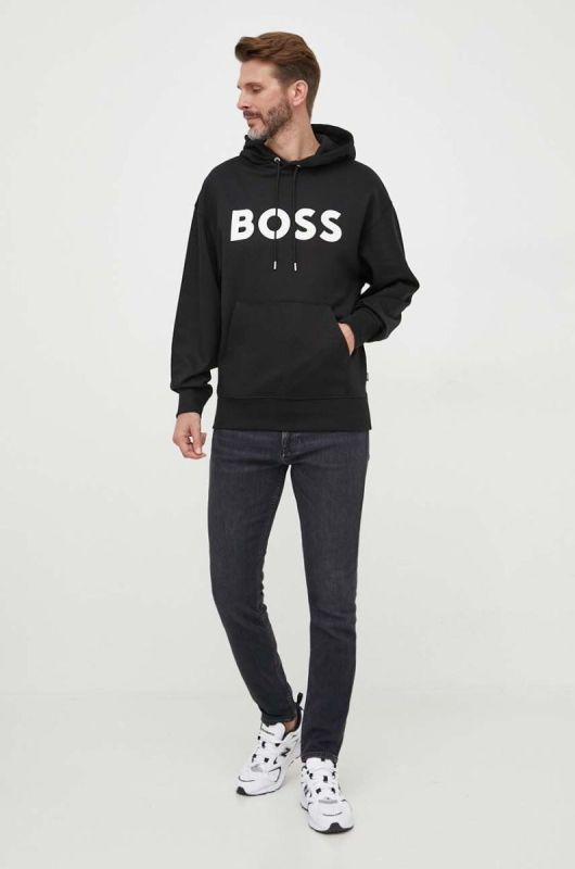 Бавовняна кофта BOSS чоловіча колір чорний з капюшоном з принтом (3353951) фото 2