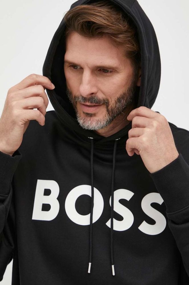 Бавовняна кофта BOSS чоловіча колір чорний з капюшоном з принтом (3353951) фото 4
