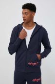 Бавовняна кофта HUGO чоловіча колір синій з капюшоном з принтом (3383231)