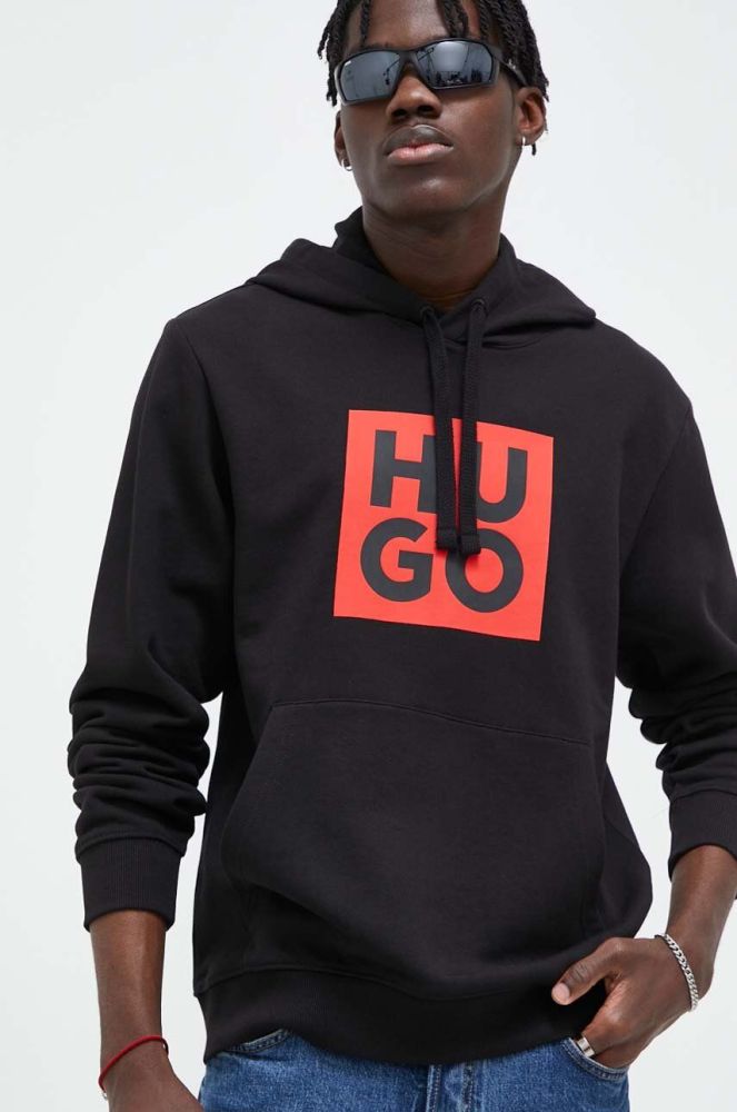 Бавовняна кофта HUGO чоловіча колір чорний з капюшоном з принтом (3413984)