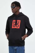 Бавовняна кофта HUGO чоловіча колір чорний з капюшоном з принтом (3413984)